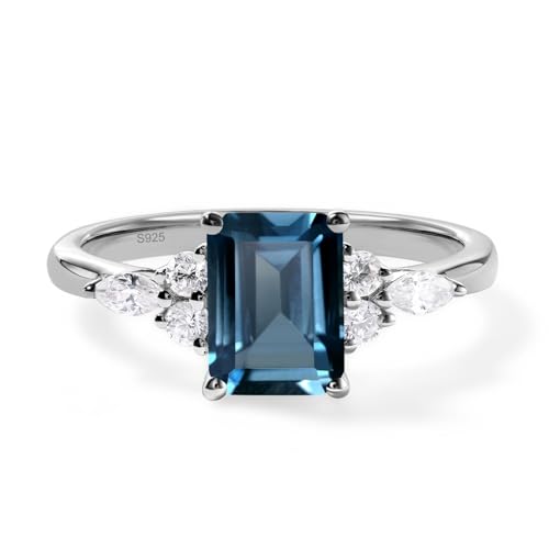 LUO London Blue Topaz Engagement Ring for Women 6x8mm Emerald Cut Blue Stone December Birthstone Statement Ring Size 6 Sterling Silver Wedding Rings for Birthstone Anniversary Christmas