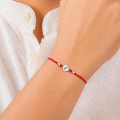 Image of MAIRA 925 Sterling Silver Premium Designer Bracelet Rakhi for Brother | Handmade Raksha Bandhan Sacred Thread with Silver-Tone Geometric Charm & Adjustable Red Braided Cord | Traditional Festival Rakhi Gift (FLOWER)