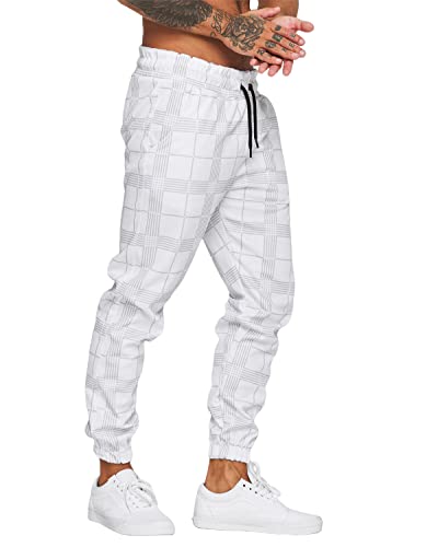 Mens Outdoors Jogger Pants Casual Athletic Drawstring Trousers Slim Fit Stretch Pants Plaid Sweatpants White #TOP13