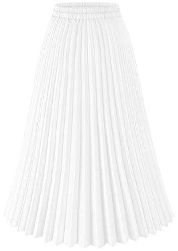 Basoteeuo Pleated Skirts for Women Midi Length Trendy Summer High Waisted A Line Elastic Waist Long Ladies Skirt White XXL