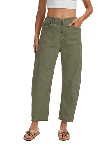 DAOAO Green Barrel Jeans for Women Trendy Mid Rise Pull On Stretchy Boyfriend Baggy Wide Leg Cropped Denim Pants S
