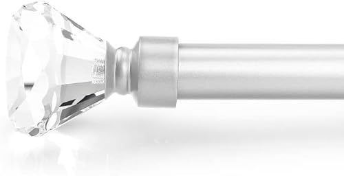 Orger 1 Inch Diameter Decorative Crystal Curtain Rod with Diamond Designed Finials, Single Drapery Rod Adjustabe Length From 22" Extends to 42", Satin Nickel Window Treatment Rod for Home Decor