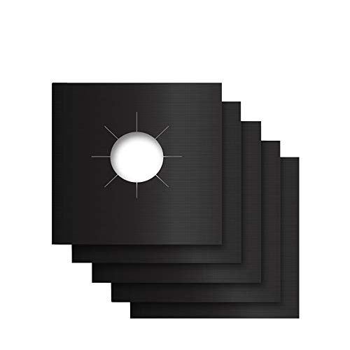 Shovan GRP-01 PTFE Non-stick Gas Range Protectors, Black Stovetop Burner Liner Cover- Reusable, Dishwasher Safe, Easy to Clean,Double Thickness 0.2mm, 5-Pack