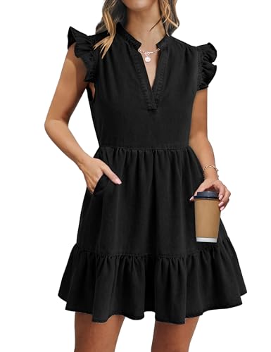 Image of POTILI Denim Dress for Women Mini Jean Dress with Pockets | Ruffle Sleeve, V-neck, Two Side Pockets