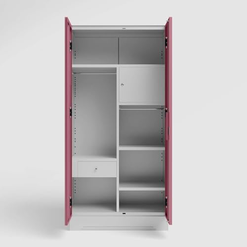 Image of Interio by Godrej Almirah Slimline 2-Door Steel Almirah, Cupboard for Clothes (Royal Ivory and Dusty Rose), 1-Year Warranty, 4 Shelves, 1 Drawer, 1 Locker, Star Design Mirror