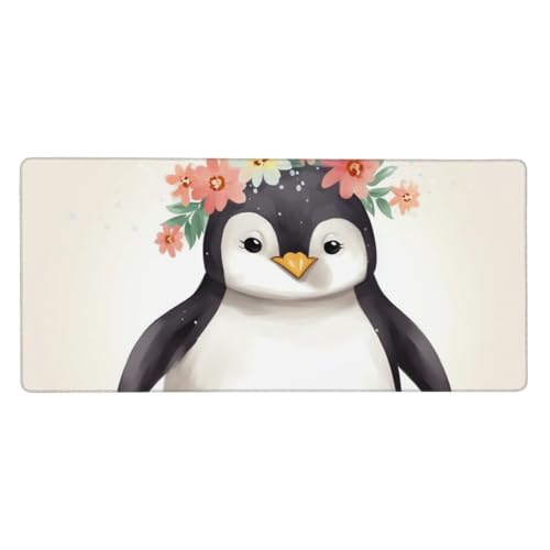Grand tapis de souris de jeu XXL 90x40 cm pingouin avec fleurs pour bureau