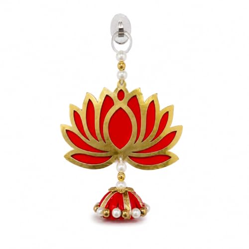 Image of Religious Door Hanging Decor with Pearl Beads & Tassel, Wooden Wall Hanging for Home Temple, Pooja Room, Entrance, Mandir Decoration & Spiritual Gift, Red Lotus