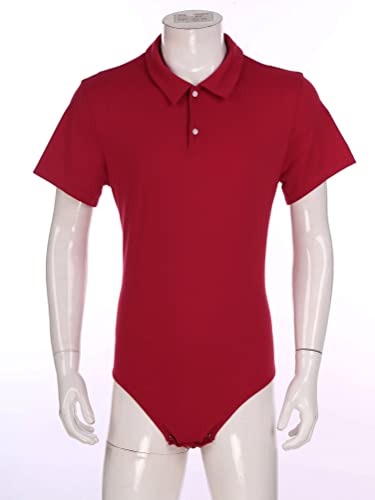 Mens Short Sleeve One Piece Slim Fit Turn-Down Collar Press Button Crotch Shirt Leotard Bodysuit3