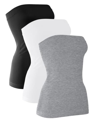 H HIAMIGOS 3 Pack Women's Strapless Cotton Long Tube Top Sleeveless Stretchy Cute Bandeau Tops Non Padded