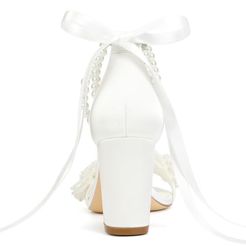 Pearl Wedding Heels Block Heel Wedding Shoes for Bride Open Toe Bridal Shoes Chunky Heeled Sandals 5