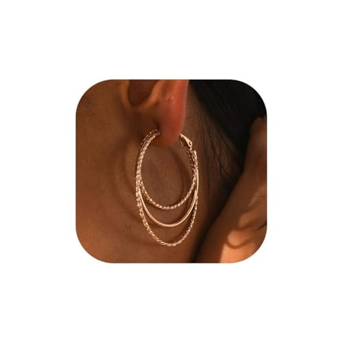 Triple Hoop Earrings for Women Champagne Gold Plated Hoops Smooth and Textured Wire Earring Lightweight Hypoallergenic Jewelry Gifts