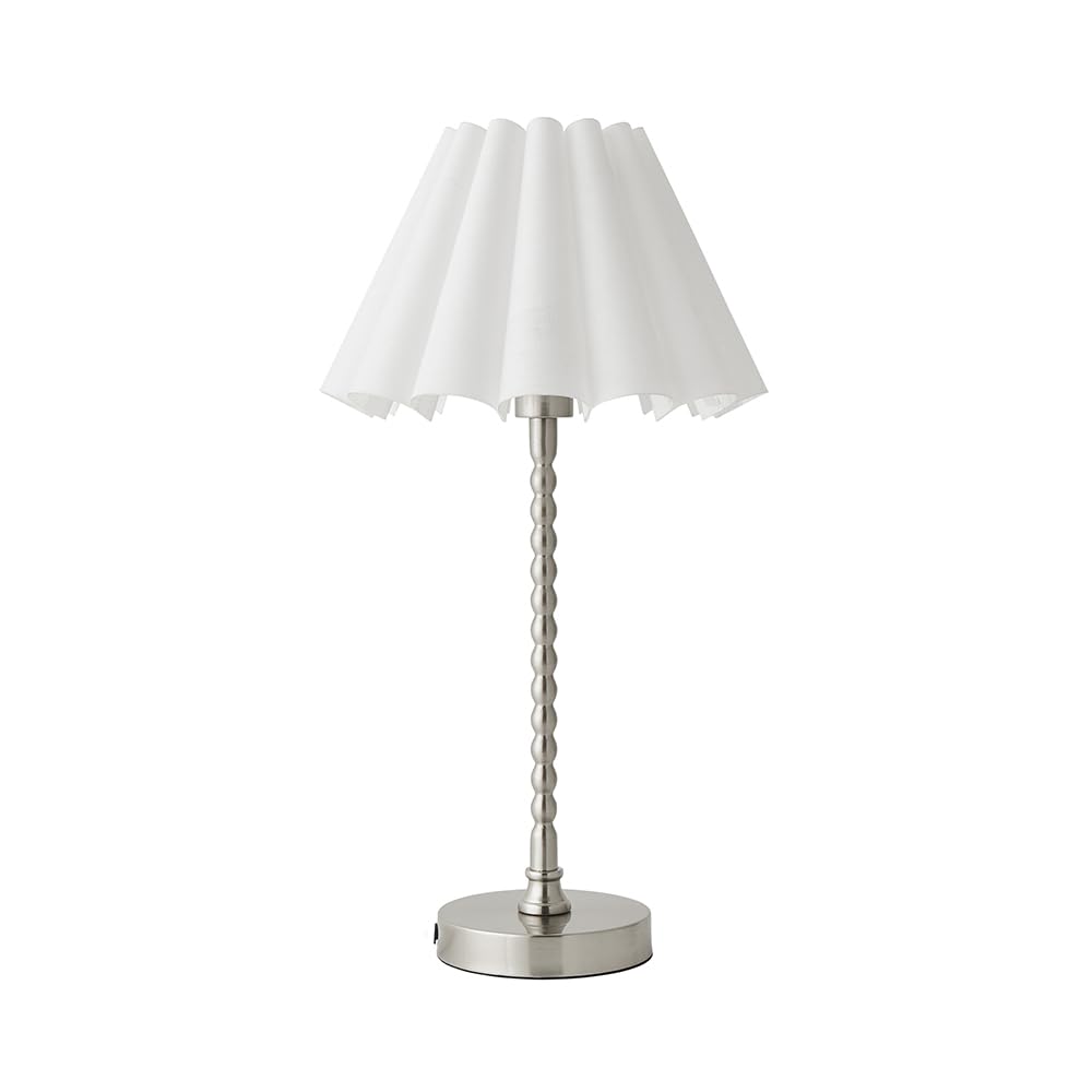 Valuelights Silver Maeve White Scallop Pleated Taper Shade Brushed Chrome Bobbin Table Lamp & Bulb In