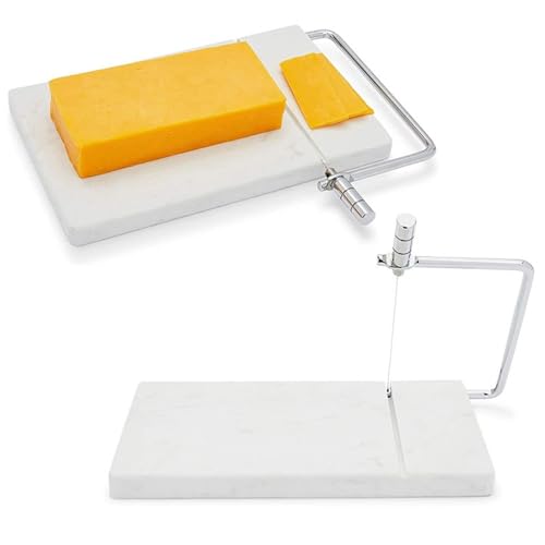 Yokawe Cheese Slicer with Marble Cutting Board, Stainless Steel Wire Cutter for Cheese Blocks, Ideal for Mozzarella, Parmesan, and Butter White