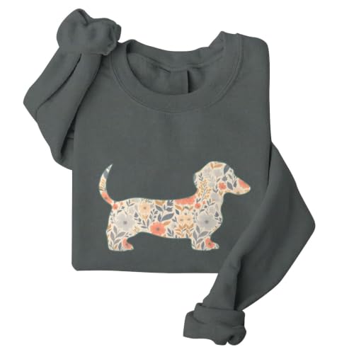 Floral Dachshund Sweatshirts for Women Flowers Dachshund Sweatshirt Dog Lover Gift Long Sleeve Pullover Plus Size Dark Grey