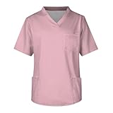 Herren Pflegeuniform Sommer Einfarbig Kurzarm V-Ausschnitt Pflegekräfte Krankenschwester Arbeitskleidung Oberteile Bluse Mit Taschen Für Krankenhäuser, Kliniken(Pink,XL)