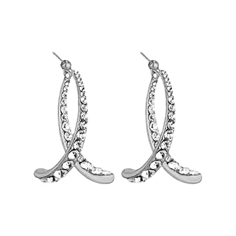 Fashion Cross Curved Earrings 18k Gold Plated Cubic Zirconia Curved Stick Front Back Linear Drop Earrings Sparkly Piercing Stud Earrings (Silver) Cover