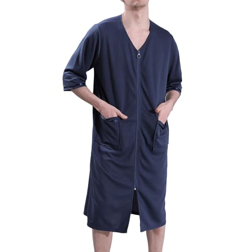Men's Soft Pajamas Summer Robe Waffle Fall Long Zip Up 3/4 Sleeve House Cool Knee Length Loose Bathrobe2