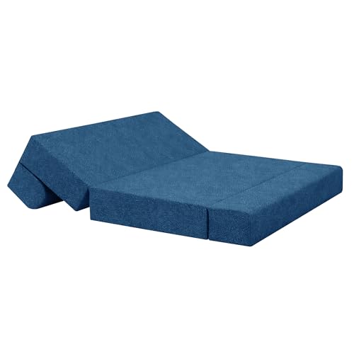 Image of Foldable Three Seater Sofa Bed 5 X 6 Ft Jute Fabric Washable Cover Sofa Cum Bed with Cushions Convertible Sofa Bed for Home (Blue Color - Pre-Assembled)