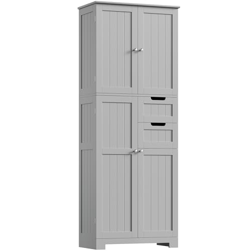 HOCSOK Armario alto para baño, gabinete alto con 4 puertas y 2 cajones, armario alto para cocina, salón, comedor, oficina, 164.5x60x30cm, gris