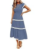 ZESICA Women's Summer Flutter Short Sleeve Smocked Midi Dress Casual High Waist Rickrack Tiered Flowy Dresses,Dusty Blue,Medium