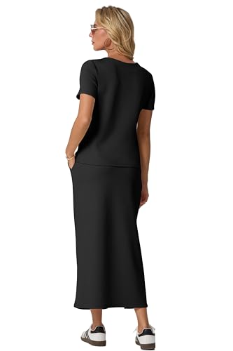 Image of GRECERELLE Women Summer Casual 2 Piece Sets V-Neck Wrinkle-Free Top & Elastic Waist Midi Side Slit Skirt with Pockets