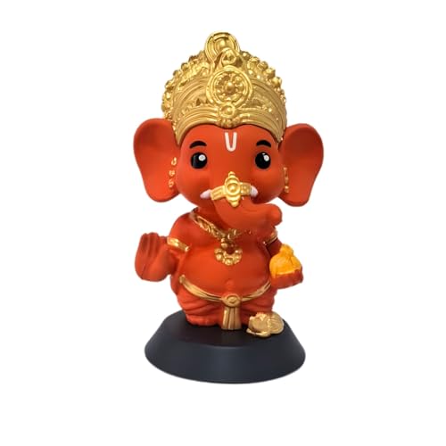Image of Ganesha Idol for Home Decor, Ganpati for Car Dashboard Unique God Idol for Puja, Ganesh Ji Murti for Temple Office Desk Small Statue Washable PVC and ABS Material (1, Ganesh Ji Kesari Tone)
