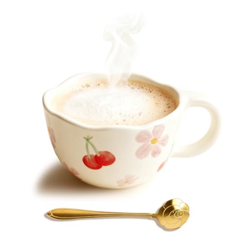 CZCMYAU Jolie tasse à café en céramique vintage florale 250 ml Adorable tasse à latte faite à la main avec cuillère créative et esthétique, tasse à thé matcha ou cappuccino cacao, rose