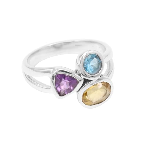 Bague en argent 925 massif avec améthyste et topaze bleue fait main