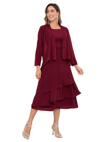 SOLODISH 2 Pieces Tea Length Mother of The Bride Dresses for Wedding Chiffon Formal Dresses for Women