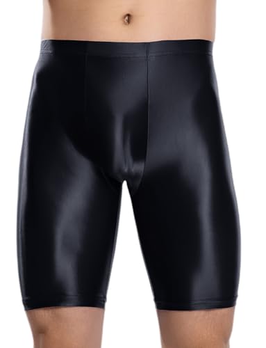 FEOYA Men's Oli Shiny Shorts Sily Satin Oil Glossy Trunks Bulge Enhancing Underwear Elastic High Rise Transparent Shorts Legging Underpants Black M