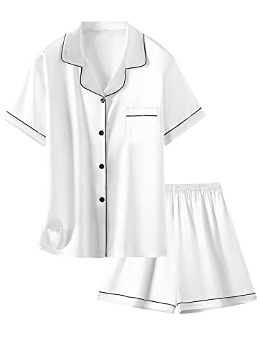Image of Schbbbta Girls Womens Pajamas, Satin Silky Pjs Set Kids 2Pcs Button-Down Nightwear Sleepwear Gift for Mommy and me