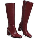 Grakihily Womens Burgundy Knee High Boots Wide Calf Boots for Women Tall Boot Leather Long Square Toe Chunky Heel Fashion Dress Boot with Side Zipper,Size, 7