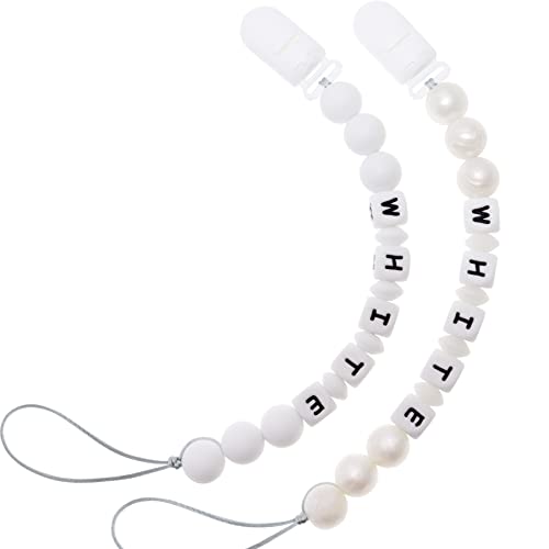 Personalized Pacifier Clip with Name, Customizable Pacifier Clip (2 Pack) (White+Pearl)