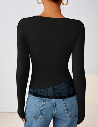 ZESICA Women's Fall Long Sleeve Tops 2025 Casual Cowl Neck Lace Slim Fit Going Out Y2k Knit Shirts Blouses3