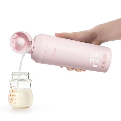 Paruu Calienta Biberones Portatil para Viaje, Boca Ancha Fácil de Limpiar, Calentamiento Rápido en 2 Minutos, 7 Niveles de Regulación de Temperatura, Capacidad 350ml, Rosa