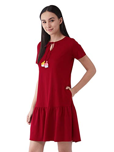 Image of Miss Chase Women's Maroon Round Neck Short Sleeve Solid Comfortable Regular Length Dress with Pockets