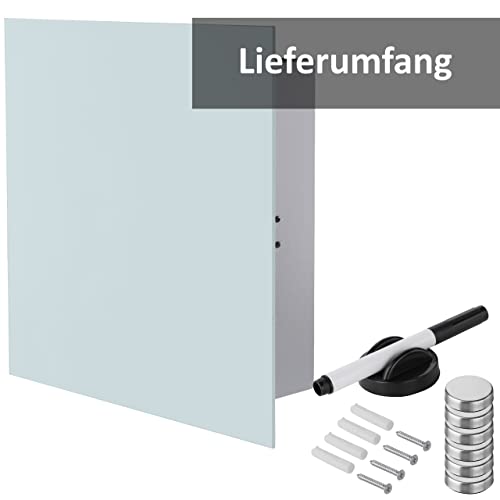 BALOU Schlüsselkasten modern mit Glas Magnettafel - Memoboard magnetisch mit 6 Magneten und Stift - Schlüsselschrank groß mit 20 Haken 33x33x6,8cm milchglas Weiss