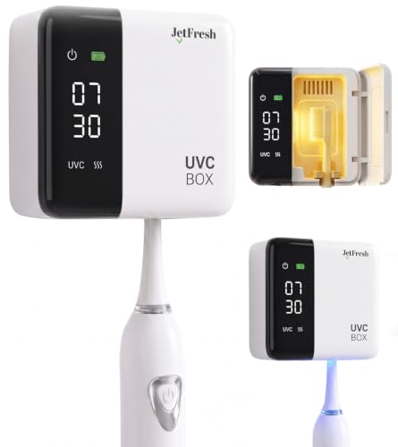 Jetfresh UV Toothbrush Sanitizer Holder & Cleaner with LED Clock Display, Fan Drying & Heating | Wall-Mounted & Portable Toothbrush Sanitizer and Holder Case for Bathroom & Travel. Fits All Brushes.