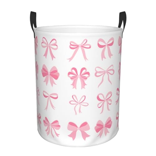Image of Laundry Basket Room Decor,Round Laundry Hamper Waterproof Dirty Clothes Hamper Collapsible Laundry Baskets With Handles,Toy /Clothes Storage Basket For Home Dorm Bathroom Decor (Pink Bow)
