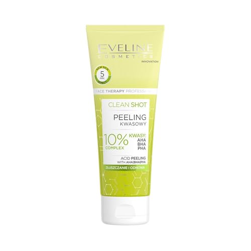 Eveline Cosmetics Terapia facial Exfoliante profesional Clean Shot con 10% AHA, BHA y PHA Complejo - Tratamiento exfoliante vegano para una piel suave y radiante
