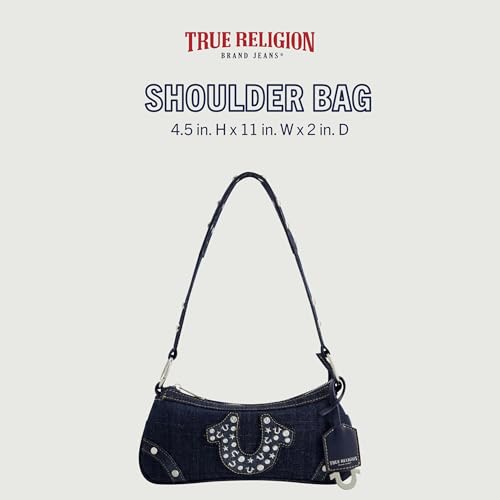 True Religion Women's Shoulder Bag Purse, Mini Travel Handbag with Studded Horseshoe Logo, Denim2