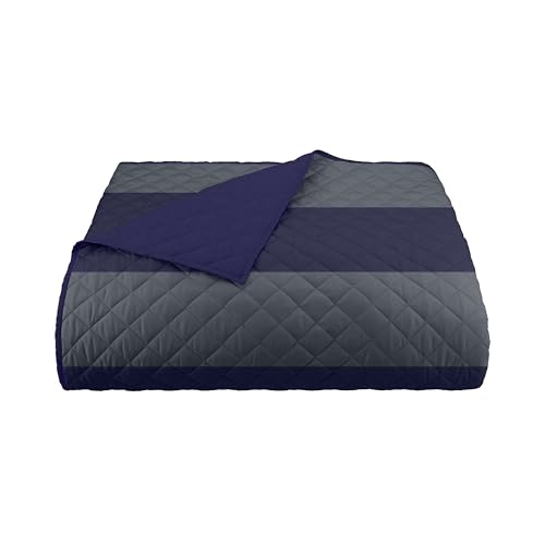 Image of Martex Reversible Coverlet, Full Queen, Rugby Stripe /Navy | Lightweight, Durable, Soft, Easy Care, Reversible