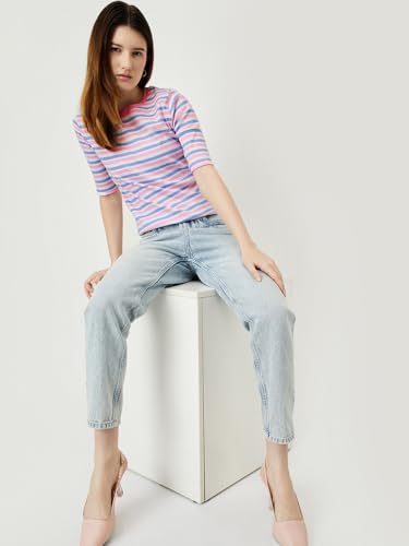 Image of Max Women Striped Ribbed T-Shirt Regular Fit