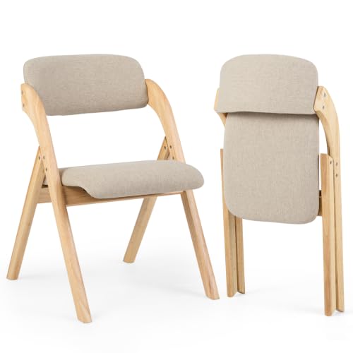 COSTWAY Lot de 2 Chaises en Bois Pliantes avec Assise Rembourrée, Naturel