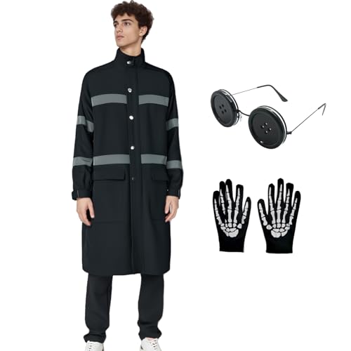 Tvnxdgl Wybie Lovat Costume Men Wybie Raincoat Black Turtleneck Jacket Cosplay Button Eyes Glasses Skull Gloves Set S