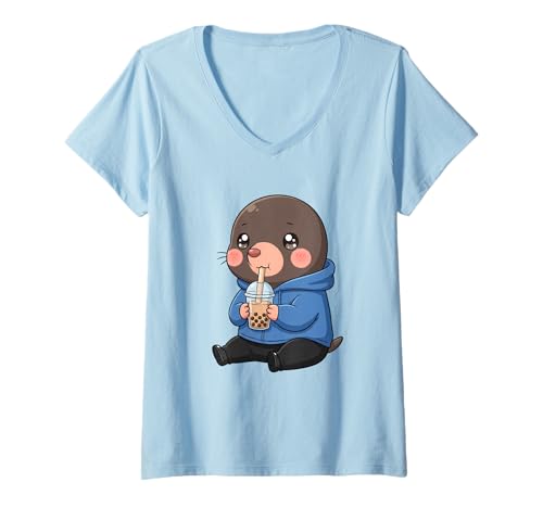 Mujer Té de Burbujas de Topo Kawaii Boba Cute Camiseta Cuello V