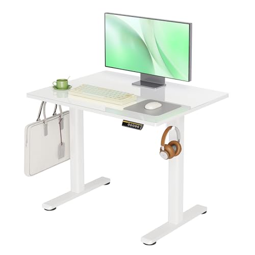 Claiks Small Glass Standing Desk, 35x20 Inch Electric Standing Desk Adjustable Height Quick Install for Computer Workstations, Super White