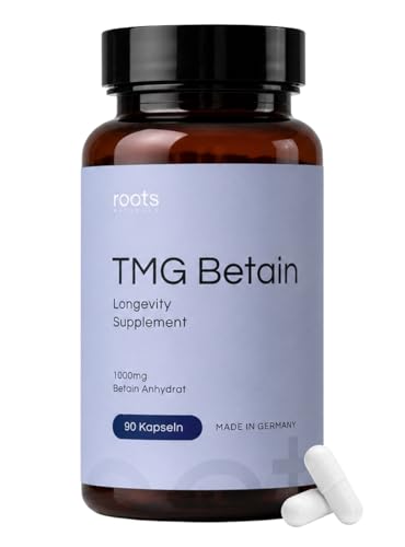 roots NATURALS TMG Betain Kapseln - 90 vegane Premium TMG-Kapseln (1000 mg) - Mit reinstem hochdosiertem Trimethylglycin-Anhydrat (wasserfreies Betain) - Made in Germany & Laborgeprüft