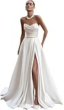 HAIBFJIN Satin Brautkleid Weißes Brautkleider Mit Schleppe Trägerloses Hochzeitskleider Für Damen Elegant Wedding Dress