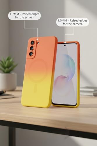 Image of amazon basics Gradient Mag-Safe Case for Samsung Galaxy S21FE 5G | Soft Silicone Shockproof Cover with Camera Protection | Slim Lightweight Design | Smooth Touch & Durable - Orange & Yellow